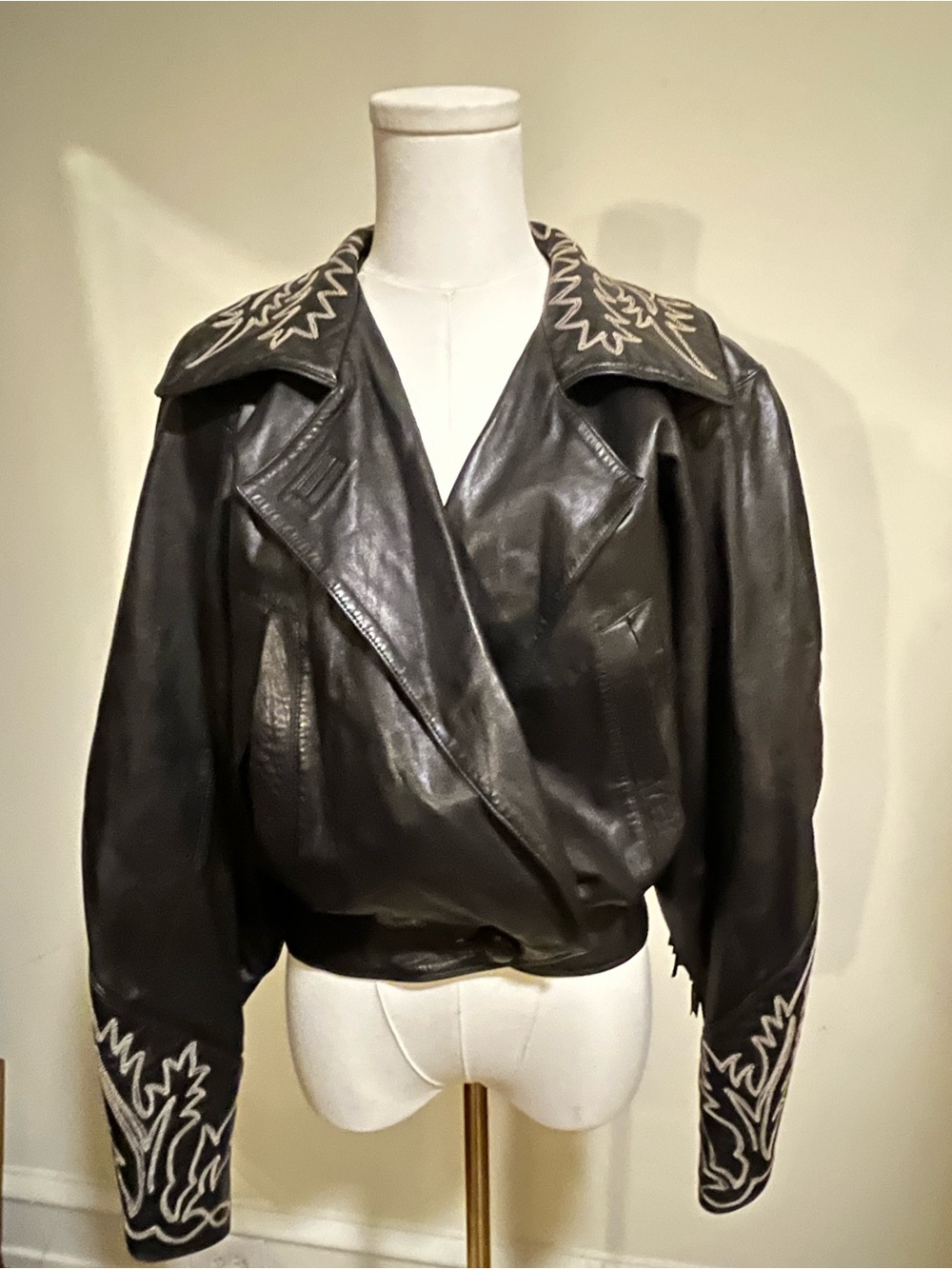 Vintage Claude Montana Black Embroidered Collar Leather Jacket for Women